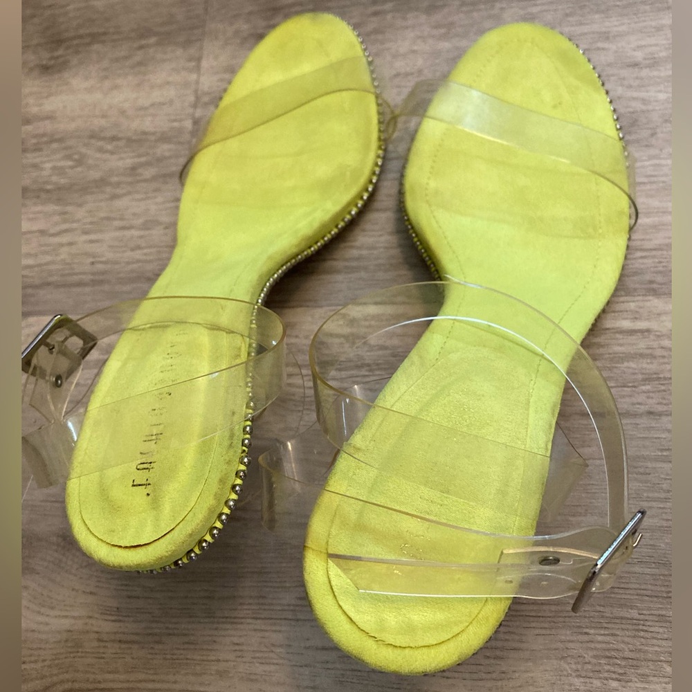 Fashion Nova Neon Yellow Green Heels Silver Studs Clear Adjustable Straps 8.5 - Picture 4 of 16